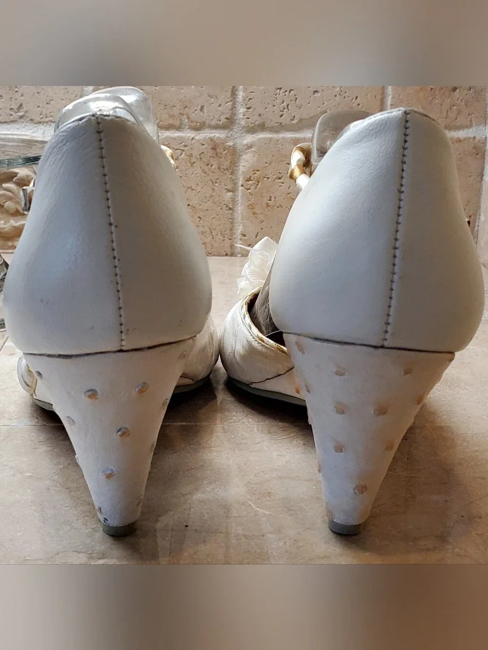 Cream Wedge Heels with Braided T-Strap and Flower Accent Sz 8 Great For Wedding